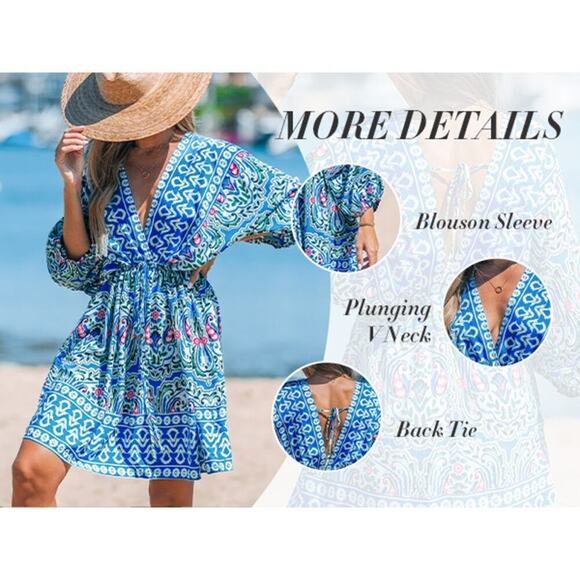 Cupshe Blue Boho Paisley V-Neck Puff Sleeve Mini Dress/Swimsuit Cover Up ~ NEW - Picture 4 of 11